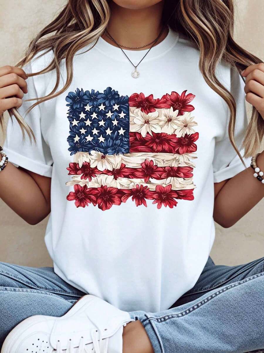 Floral American Flag Print T-Shirt Patriotic Design For Independence Day Celebration, 220g - trắng - Xem 1