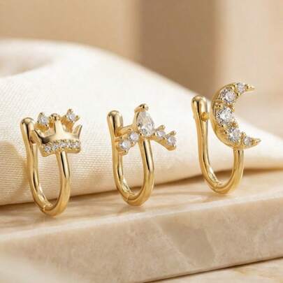 Bộ 3 chiếc khuyên mũi bằng đồng thau kiểu cổ điển sang trọng hình vương miện, hươu, trăng khuyết đính đá Cubic Zirconia, khuyên mũi hình chữ U, khuyên mũi thanh lịch dành cho nữ, thích hợp cho các buổi hẹn hò, tiệc tùng, mua sắm, món quà tuyệt vời cho Ngày của Mẹ, Lễ Tạ ơn, đám cưới, Ngày Valentine.