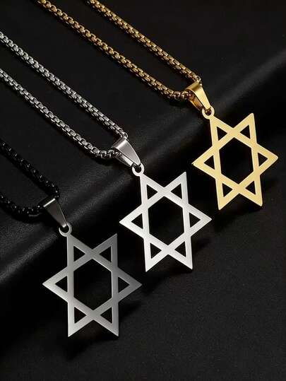 1 pieza Collar con colgante de acero inoxidable hueco con estrella de seis puntas, colgante de estrella de David, joyería de estilo punk rock y hip hop, diseño geométrico hexagonal, piedra de nacimiento de abril, regalo para hombres, textura de metal pulido