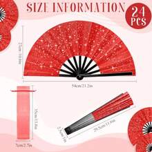 24 Pcs Large Folding Hand Fans for Line Dancing Fan with Bag Clapping Popping Raves Fans Bulk for Wedding EDM Club Party Decoration Red - Rojo - Ver 4