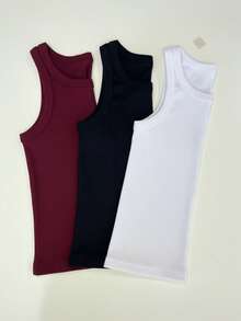 Kit Of 3 Women's Tank Tops, American Style, Stylish Blogger, Premium, Suitable For Winter, World Cup, Brazil, Easter, Mother's Day. - Black and White Burgundy - View 4