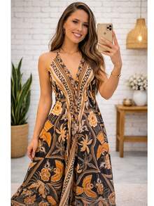 Dress, Random Print, Fabric, Backless / Bare Back, Beach - marrón con dorado - Ver 4