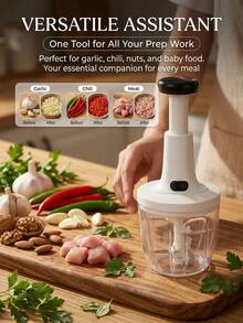 1 Manual Push-Button Food Chopper, 900ml Capacity, Garlic And Onion Crusher, Fast Vegetable Cutter, Meat Grinder, Kitchen Tool, No Electricity Required. - Black and White - View 3