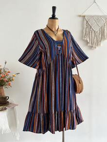 大码女式波西米亚风多色条纹印花连衣裙，适合海滩、休闲、度假等各种场合，优雅夏季之选 - 彩色 - 查看 1