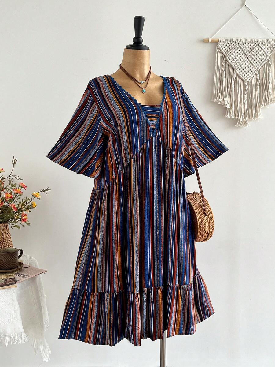 大码女式波西米亚风多色条纹印花连衣裙，适合海滩、休闲、度假等各种场合，优雅夏季之选 - 彩色 - 查看 1