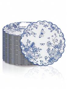 10pcs/20pcs/30pcs Blue And White Floral Paper Plates, 9inch& 7inch Round Scalloped Edge Blue And White Porcelain Style Plates, Chinoiserie Butterfly & Flower Print Disposable Plates, Bridal Shower, Wedding, Tea Party Decorations Men Women - Multicolor - View 3