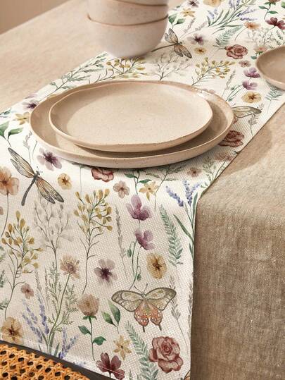 1 szt. lniany bieżnik/podkładka na stół z nadrukiem inspirowanym naturą, motywem kwiatowym, motylami i ważkami, odpowiedni na święta, imprezy, urodziny, kolacje, wystrój kuchni i jadalni, pokrowiec na komodę/szafkę, tekstylia domowe na każdą porę roku