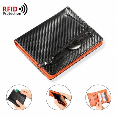 Ví nam chống RFID, chất liệu sợi carbon, kiểu gập đôi, gập ba, mỏng, đựng thẻ, có khóa kéo, ngăn đựng tiền xu, ngăn đựng thẻ ID, ví ngắn.