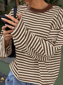 Women's Casual Top, Striped Contrast Ribbed Knit, Everyday Wear, Spring/Autumn - Apricot Brown - View 3