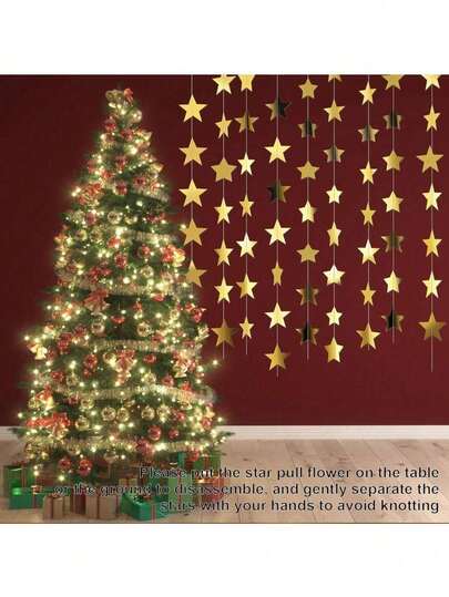 闪亮星星花环横幅，金银亮面纸花环悬挂装饰，亮银色星星三角旗背景，闪亮星星三角旗悬挂背景，适用于摄影道具、家居装饰、墙面装饰、万圣节、圣诞节、母亲节、复活节、夏季婚礼、生日派对用品