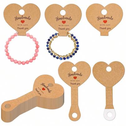 100张牛皮纸首饰标签，心形自粘DIY工艺标签，空白手工风格，适用于耳环、手链、钥匙扣、项链展示卡、“谢谢”礼品标签、零售包装批量整理套装