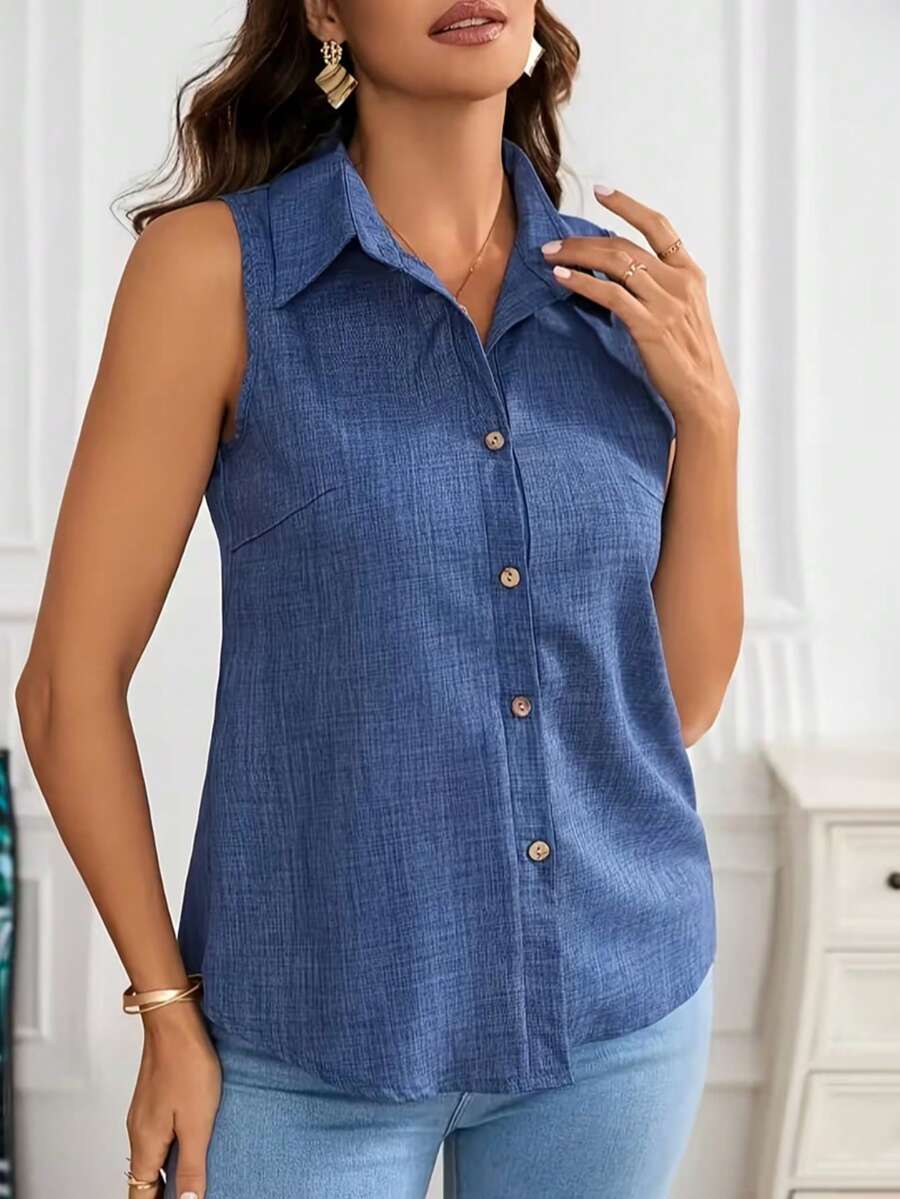 Women's Denim Style Sleeveless Shirt - Lapel Button Shirt. Casual Denim Blue Vest Top For Summer - Office Sleeveless Blouse. - Denim Blue - View 1