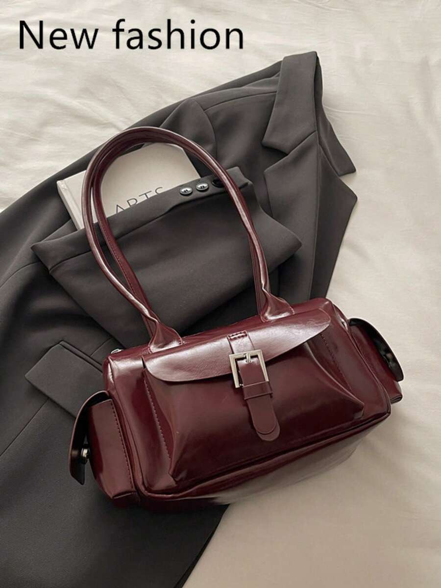 Minimalist Solid Color Shoulder Flap Bag, Classic Textured Crossbody Bag Purse For Women - Red - View 1