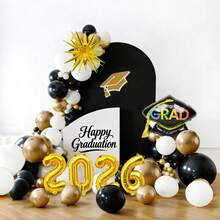 67件套2026毕业拱门套装，包含多种尺寸的黑色、白色、金色乳胶气球、金色星爆气球、毕业帽气球和2026铝箔气球，适用于毕业派对装饰、2026毕业派对、校园毕业主题派对、毕业典礼、校园装饰、黑金主题毕业派对、拍照区等。 - 彩色 - 查看 3