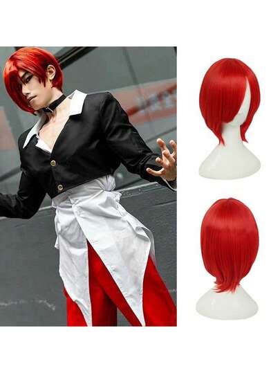 8英寸男女通用红色短假发，复古动漫游戏角色扮演假发，适合舞台表演、节日庆典、日常佩戴