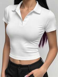 女款四季運動 Polo 衫，休閒修身長袖上衣，翻領 V 領，無鈕扣白色 - 白色 - 查看 8