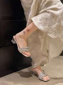 Women's Crystal Heel Wedge Toe Ring Sandals, Fashion Transparent Chunky Heel Beach Vacation Slippers - Beige - View 5