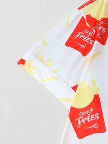 2 Piece Sets Woman Pajama, Fun French Fries Print, Soft Breathable Loungewear, Spring Summer Short Sleeve Lapel Top & Elastic Waist Shorts - trắng - Xem 4