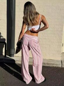 Pantalones anchos de pierna ancha con cordón y cremallera de tela tejida a rayas para mujer, ajuste relajado para festival de música campestre, primavera y verano - Rosa - Ver 2