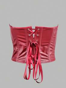 Apperloth A 酒红色性感束身胸衣上衣，PU皮革束腰露脐上衣，女士系带前金属孔眼系带露背紧身胸衣，适合情人节狂欢节 - 酒紅色 - 查看 2