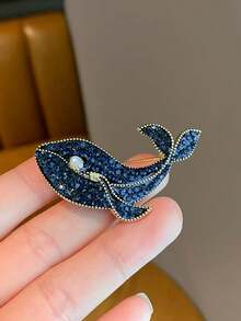 Luxury Blue Whale Brooch, Exquisite Pearl Animal Design, Fashionable Women Clothing Accessory - Multicolor - View 3