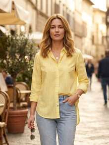 Long-Sleeved Striped Dress Shirt, In A Lightweight And Flowy Fabric, Suitable For Work And Casual Wear - Comfort And Style. - Yellow - View 1