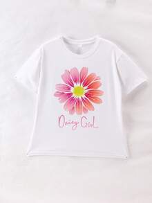 Girls' Short Sleeve T-Shirt With Vibrant Chrysanthemum Print, Soft Comfortable Crew Neck Design, Refreshing And Comfortable Summer Top, Machine Washable - White - View 4