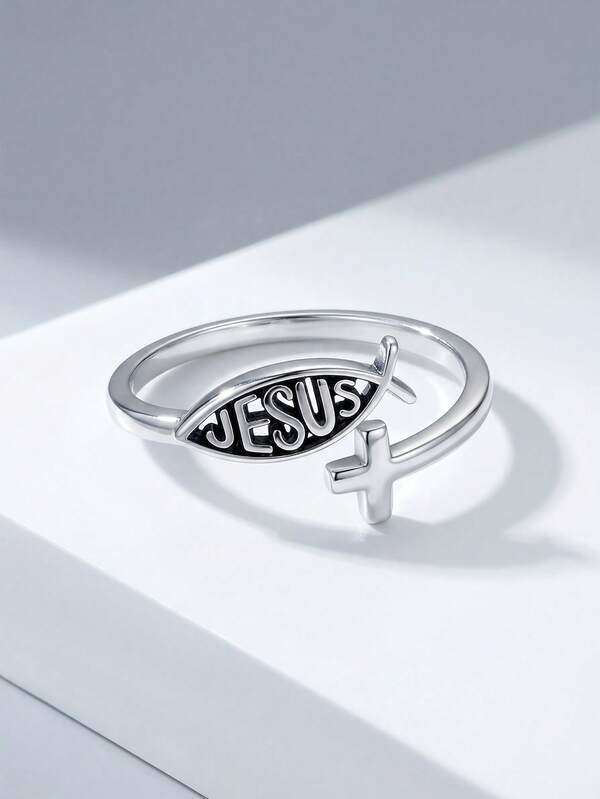1 Pc Vintage Fish Cross Split Ring, 925 Sterling Silver, Unisex, Perfect For Everyday Wear, Parties, And Birthday Gifts Exquisite Jewelry Gift