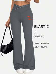 Cross Elastic Flare Pants, Minimalist High Waist Commuting & Yoga Pants, Sexy Casual Sports Leggings, Single-Piece Butt-Lifting Design Flared Pants, Women's Sportswear, Knit Fabric, Stretchy & Comfortable, Suitable For Daily Wear AndWorkoutspring And Summer - Xám - Xem 3