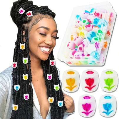 60PCS Transparent Colorful Rose Flower Seven Color Large Hole Braiding Beads Large Hole Round Beads Cartoon Acrylic Hair Accessories Ornaments Hair Beads