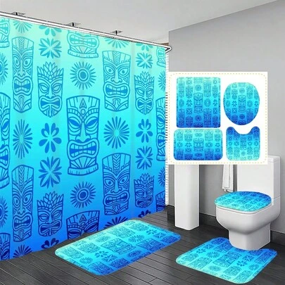 1件/4件套提基图腾图案多功能浴室装饰浴帘套装，赠送12个挂钩，营造优雅节日氛围，包含浴室地垫、U型地垫和圆形马桶垫，适用于各种浴室场景。