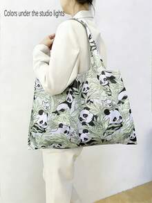 1个女士手提包，熊猫图案，绿色可折叠大容量购物袋，简约设计，百搭风格，适合通勤、旅行、购物，便捷的开合设计，多功能，适用于各种场合，经典耐用，触感舒适，易于清洁，易于搭配 - 綠色 - 查看 4