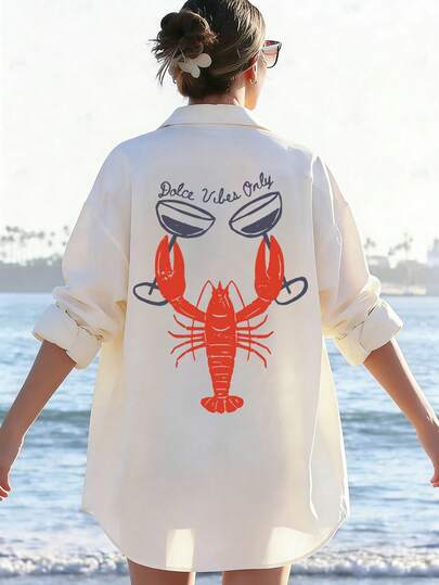 女士休闲宽松百搭长袖衬衫罩衫，龙虾印花，夏季度假沙滩装