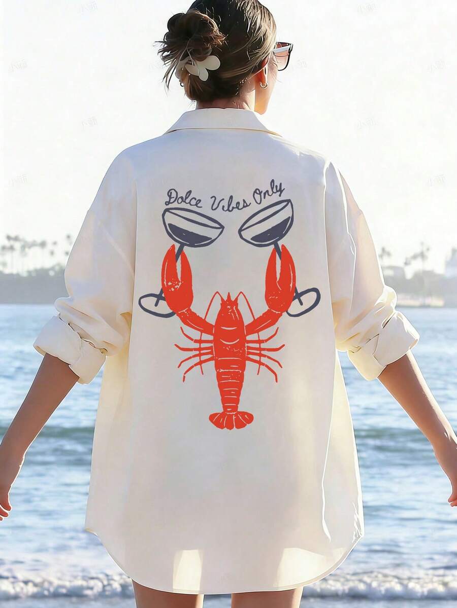 Áo khoác ngoài dài tay dáng rộng thoải mái đa năng dành cho nữ, in hình tôm hùm, thích hợp cho kỳ nghỉ hè, đi biển, mùa xuân. - trắng - Xem 1