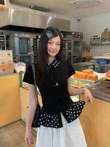 Black & Polka Dot Puff Collar Short Sleeve T-Shirt, Fitted Design, Versatile Summer Top For Women - Black - View 4