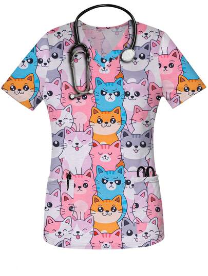 可爱猫咪印花V领短袖女式工作服上衣，带口袋，中等弹力针织面料，常规长度制服