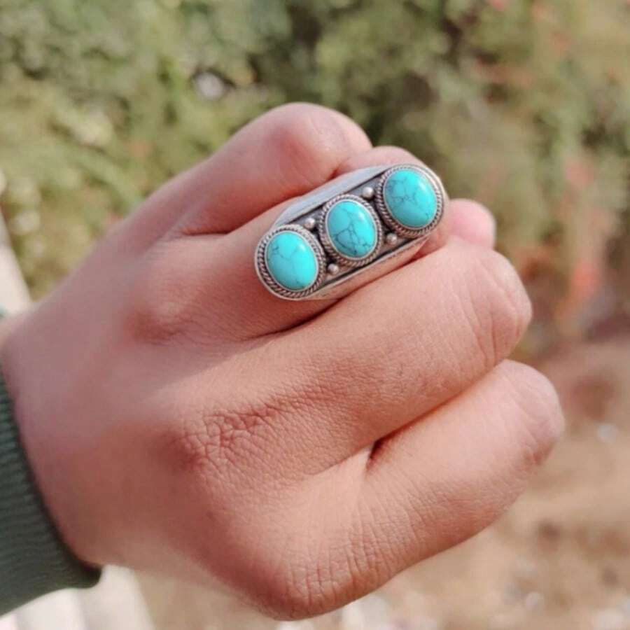 Exotic Bohemian Turquoise Ring, Minimalist Oval Design Showcases Elegance, Suitable For Various Festivals And Parties, A Unique Gift Idea - Silver - View 1