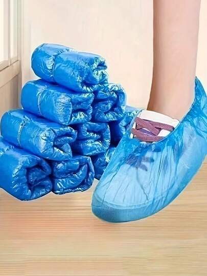 一次性塑料鞋套，蓝色，采用耐用塑料制成，弹性开口设计，防水防滑，适用于家居防护、清洁、旅行、酒店、母亲节礼物、卧室装饰、花园、厨房装饰、夏季、海滩、旅行必备、房间装饰、软萌、毕业季等场合。