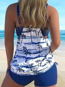 两件套女士泳装，全包臀可调节细肩带露背上衣，印花平角泳裤，优雅性感，夏威夷度假风，夏季海滩休闲度假 - 寶藍色 - 查看 2