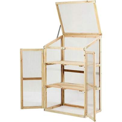 Mini Wooden Greenhouse, Garden Cold Frame With 2 Doors And Skylight, Portable Outdoor Vegetable Flower Plant Growhouse