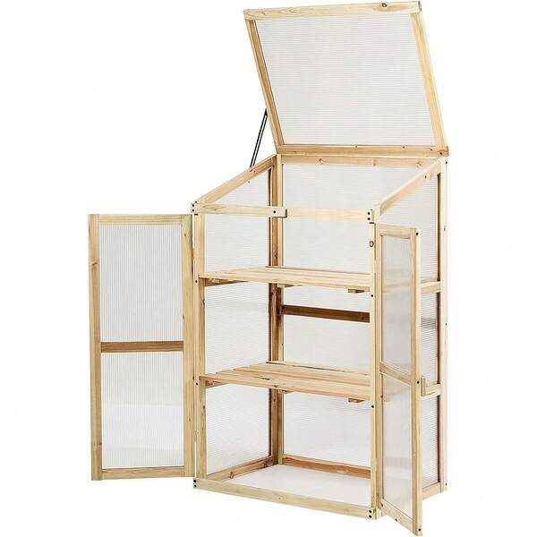 Mini Wooden Greenhouse, Garden Cold Frame With 2 Doors And Skylight, Portable Outdoor Vegetable Flower Plant Growhouse