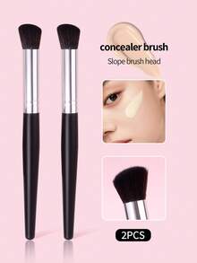 2Pcs Soft Slope Concealer Brush Set | Professional Synthetic Fiber Makeup Brushes | Black Handle | Face Makeup Tools For Beginners - Black - View 9