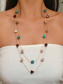 1件时尚优雅波西米亚风首饰，多种款式可选：水滴形树脂珠双层项链；彩色三角形树脂金链双层项链；彩虹圆形树脂金球DIY手工多层项链。适合日常佩戴、情人节、派对、度假等场合。树脂颜色和形状多样，轻微色差属正常现象，非常漂亮，请放心购买。 - 彩色 - 查看 1