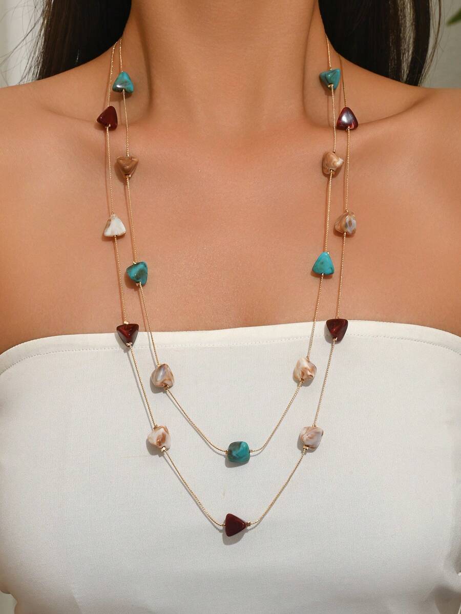 1件时尚优雅波西米亚风首饰，多种款式可选：水滴形树脂珠双层项链；彩色三角形树脂金链双层项链；彩虹圆形树脂金球DIY手工多层项链。适合日常佩戴、情人节、派对、度假等场合。树脂颜色和形状多样，轻微色差属正常现象，非常漂亮，请放心购买。 - 彩色 - 查看 1