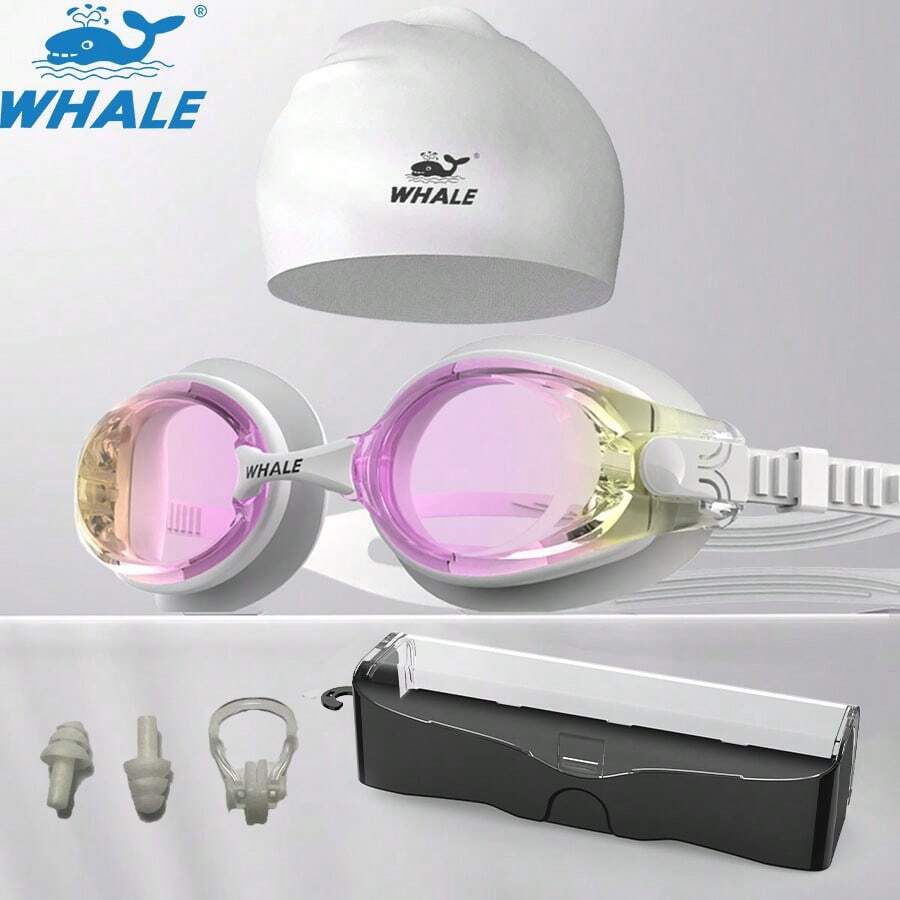 WHALE 5件組矽膠游泳護目鏡套裝：矽膠游泳護目鏡 + 高級護目鏡收納盒 + 矽膠泳帽 + 鼻夾 + 耳塞，專業競賽游泳護目鏡，適合成人男女，高端版可更換鼻橋，適合所有臉型