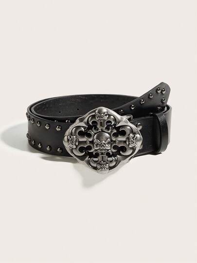 1pc Punk Y2K Streetwear Cross Skull Rivet Black Leather Belt, Suitable For Leather Jacket, Jeans, Pants, Casual, Streetwear, Daily Wear, Party, Outdoor, Youth, Men, Gift, Graduation Ceremony