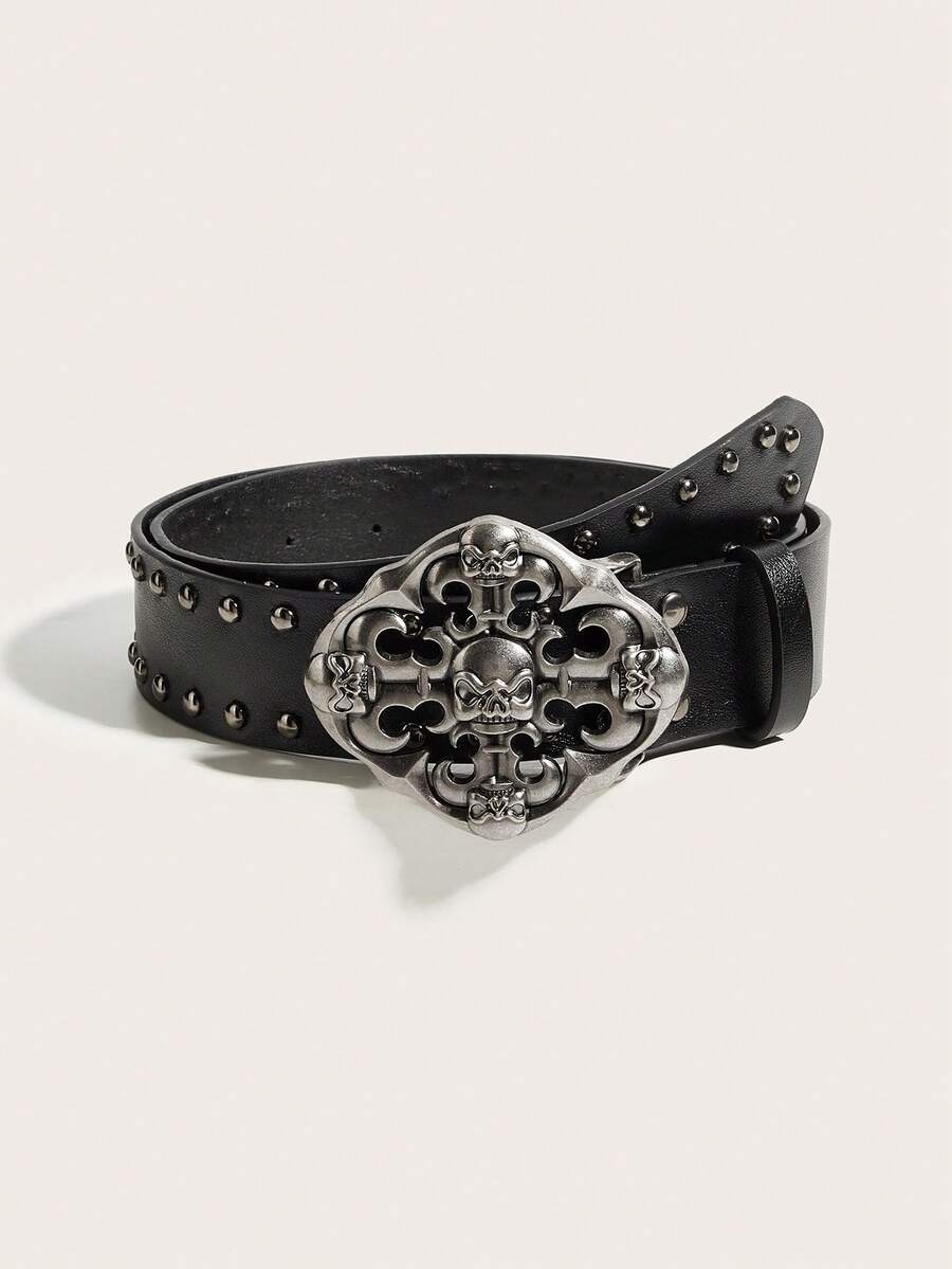 1pc Punk Y2K Streetwear Cross Skull Rivet Black Leather Belt, Suitable For Leather Jacket, Jeans, Pants, Casual, Streetwear, Daily Wear, Party, Outdoor, Youth, Men, Gift, Graduation Ceremony - Black Cross Skull Rivets - View 1