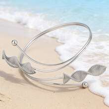 1pc Silver Wavy Shell Armband, Bohemian Gold Summer Beach Style Adjustable Stainless Steel Arm Cuff For Women - Silver - View 9