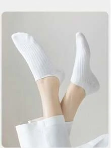 1双/5双装女士短袜，浅口低帮薄款透气吸汗纯色简约柔软舒适袜，适合春夏穿着 - 白色 - 查看 9