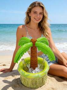 Inflatable Hawaiian Coconut Tree Beer Cooler - Green & Yellow Tropical Pool Party Decor, Summer Coconut Tree Oversized Pvc Inflatable Ice Bucket, Outdoor Swimming Pool Party Beer And Beverage Bucket Party Decoration,Durable Pvc Drink Bucket With Ice Capacity Birthday Celebrations, Beach Accessory, Hibiscus Pattern, Textured Surface - View 6